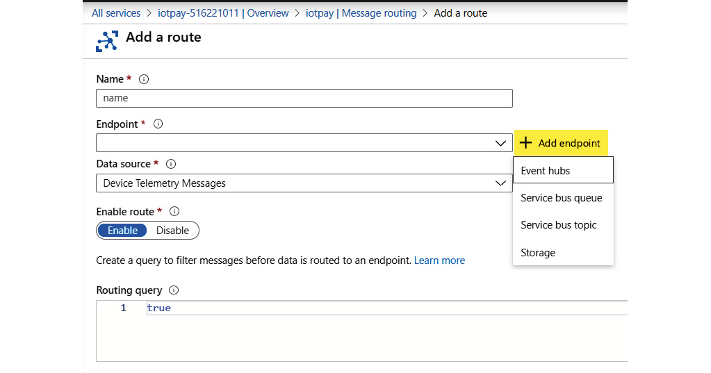 Adding details in the ‘Add a route’ pane,for adding a new route to different endpoints.