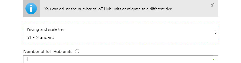 The Pricing and scale tier displayed as S1 Standard, and the Number of IoT Hub units selected as one.