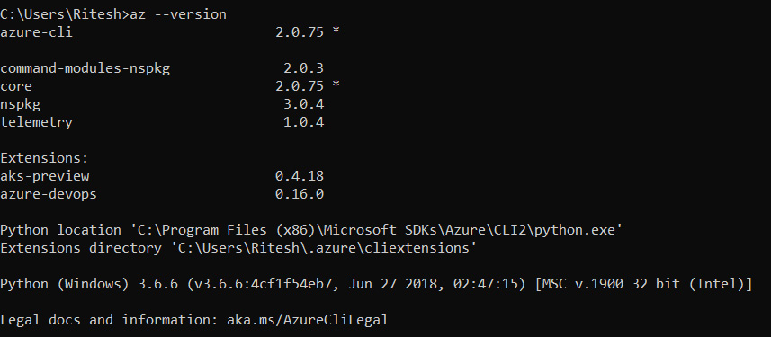 The output of the az –version command displaying the version of the Azure CLI as 2.0.75.