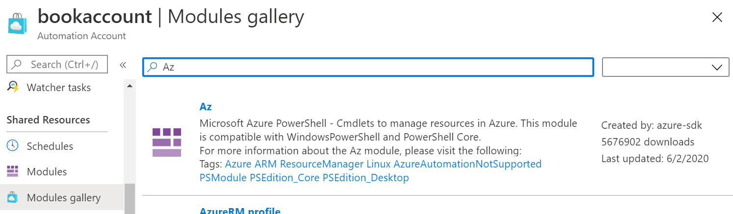 Searching the Az module on the Modules gallery blade.