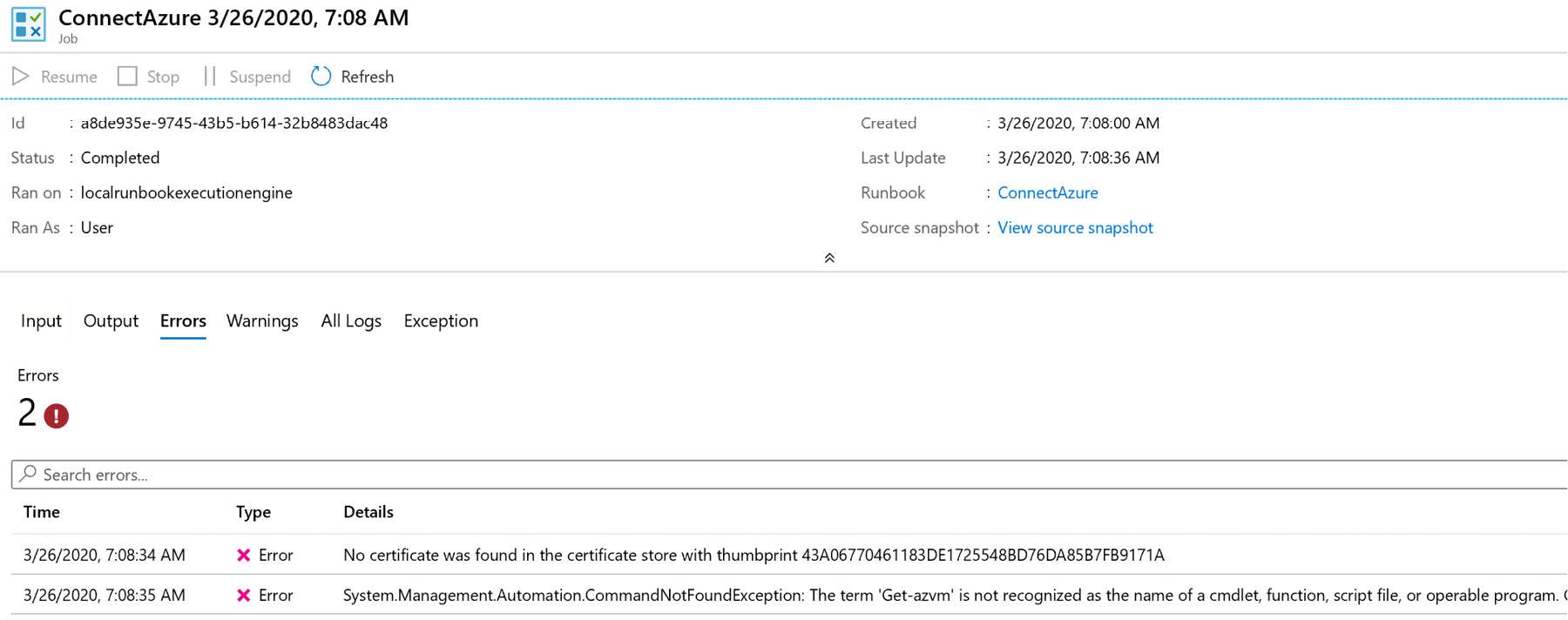 The Errors tab in the lower pane, displaying the error details on running the Azure runbook.