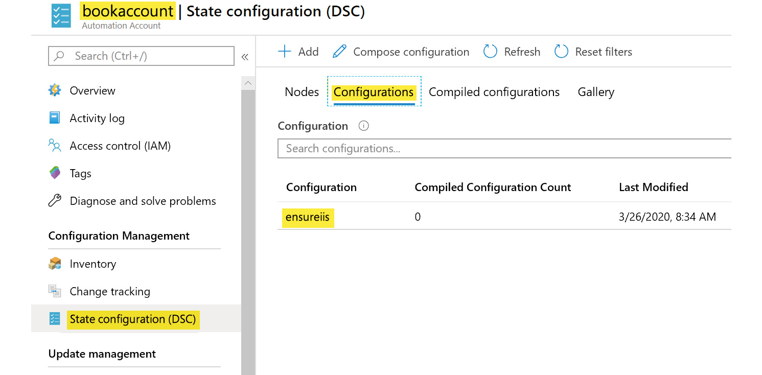 From the left-hand navigation, selecting the option ‘State Configuration (DSC)’ and then moving to the ‘Configurations’ tab to view the configuration details.