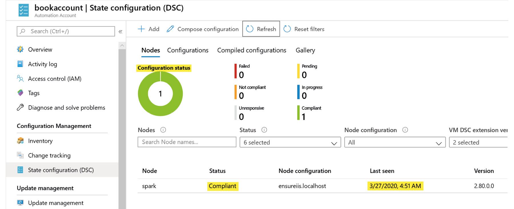 The Azure portal showing the changed status as ‘Completed’ and the node as ‘Compliant’.