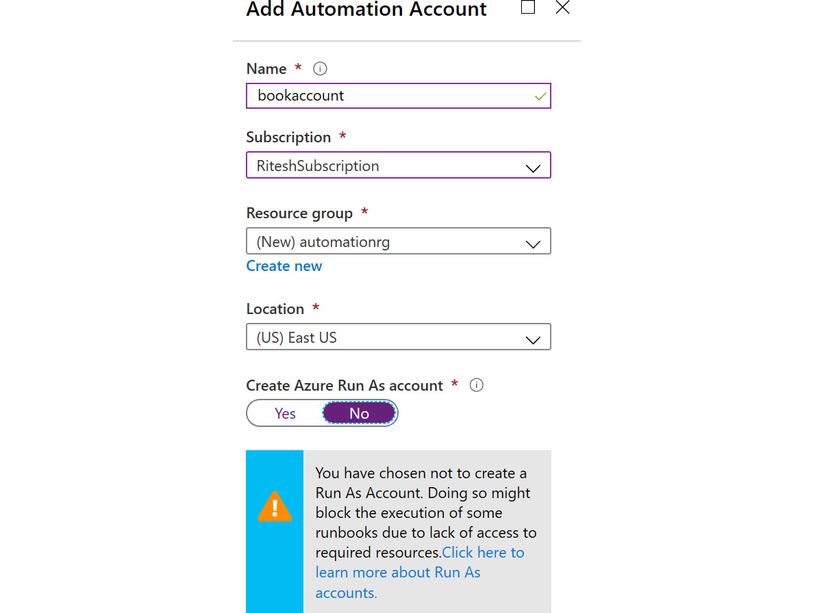 Creating an Automation account in the ‘Add Automation Account’ pane and providing the details for the Automation account Name, Subscription, Resource group, and Location.