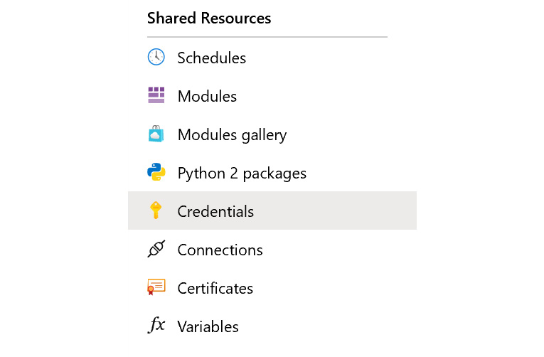 The Shared artifacts in Azure Automationare listed under ‘Shared Resources’ as Credentials, Connections, Certificates, and Variables.