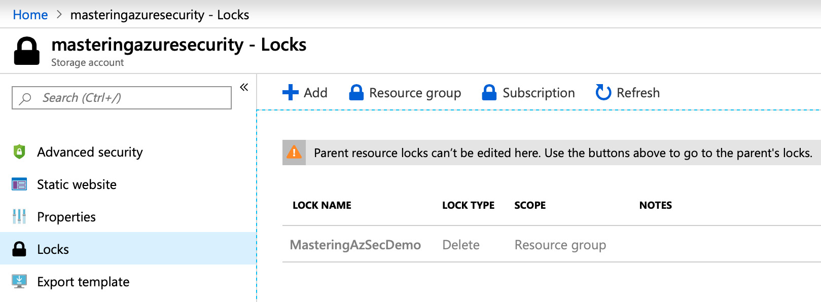 Figure. 2.3 – Azure management locks on a resource group
