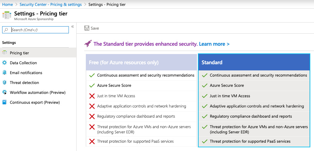 Figure. 7.3 – Selecting an Azure Security Center pricing tier
