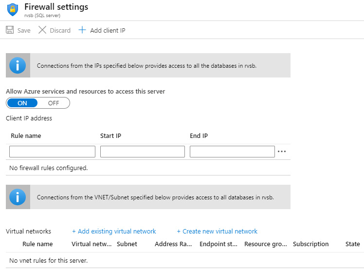 Figure 9.1 – Azure SQL Server firewall settings
