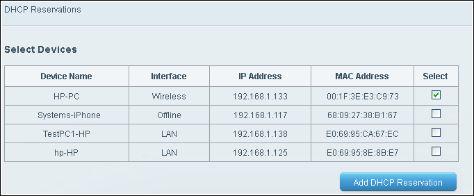 Figure 28: If you want a device to always use the same address, use DHCP reservation. In this Linksys example, you can mark devices and reserve their addresses within the admin interface.