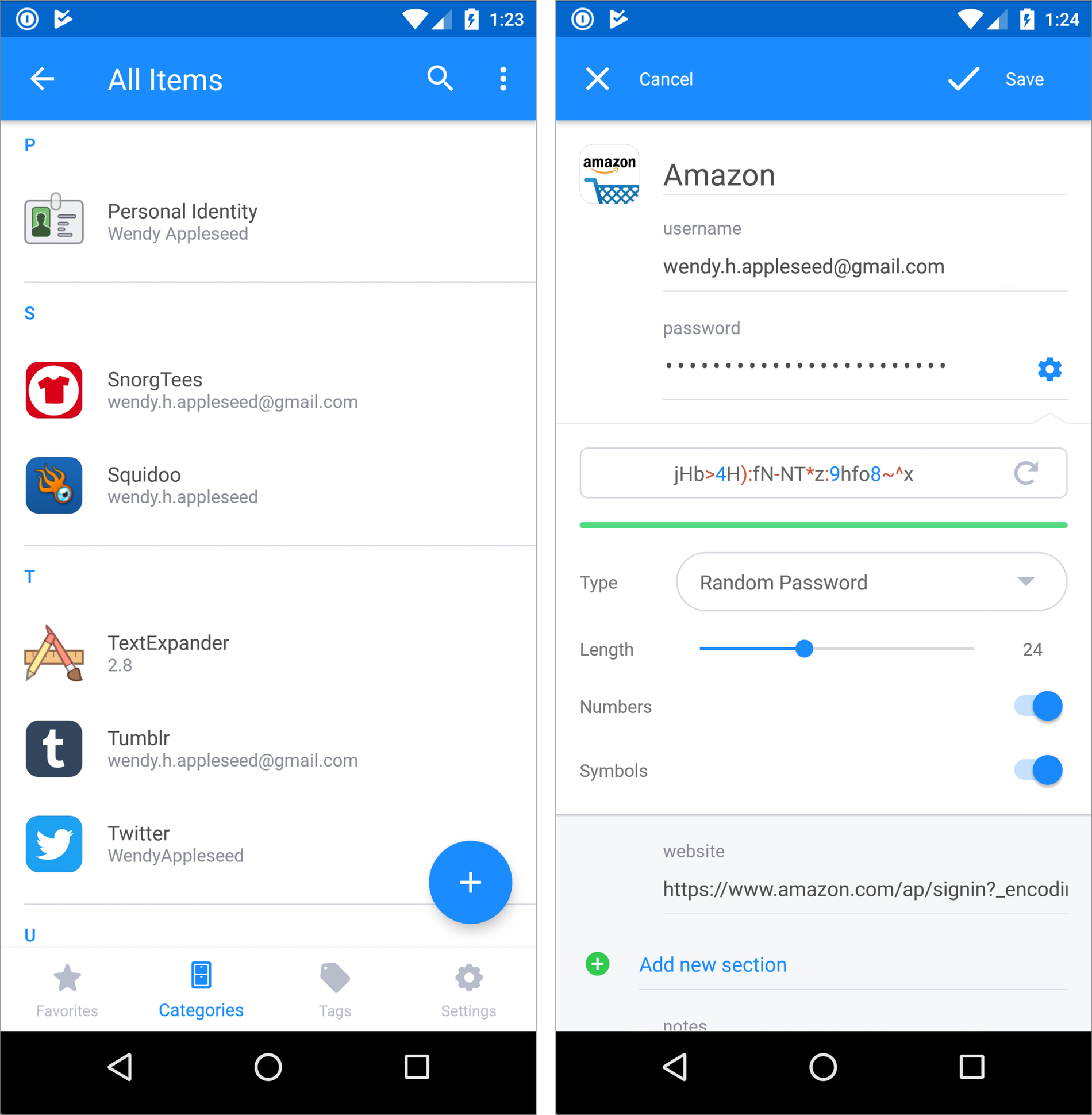 Figure 46: Example screens from 1Password for Android, running on a Samsung Galaxy S8. On the left, the All Items list; on the right, the password generator within a login item.