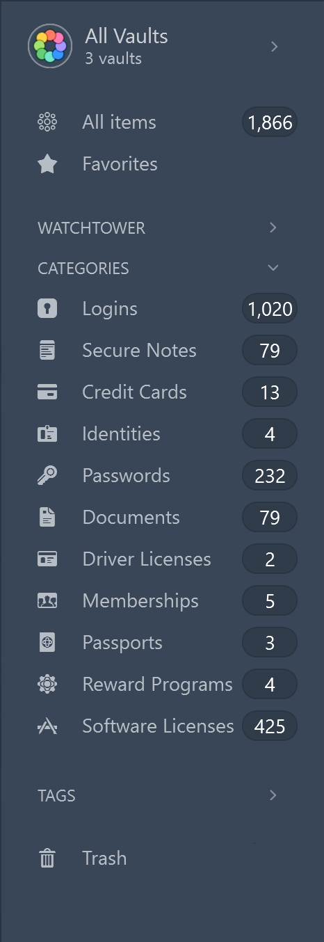 Figure 27: The 1Password sidebar. Item counts (shown here) are optional in 1Password for Mac, but always visible in 1Password for Windows.