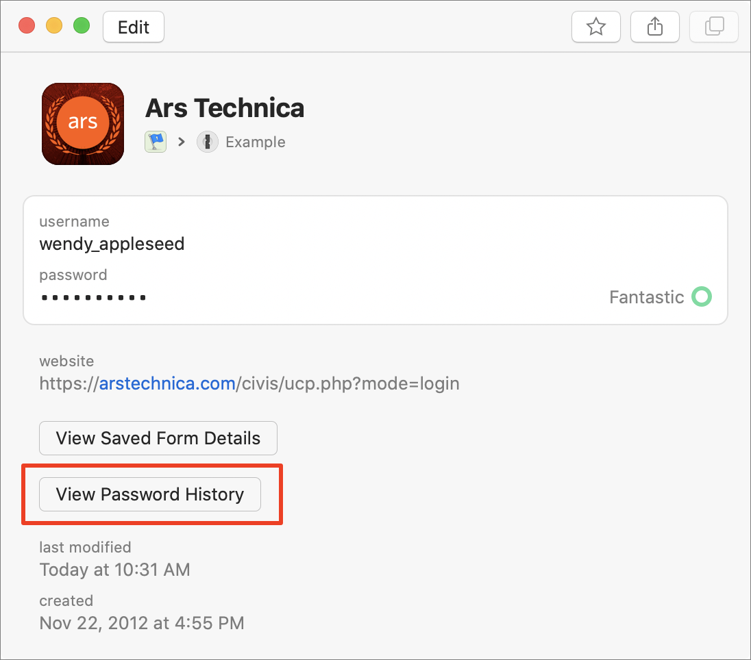 Figure 30: 1Password mini’s Pin to Screen view has a button that displays previous passwords for the current site.