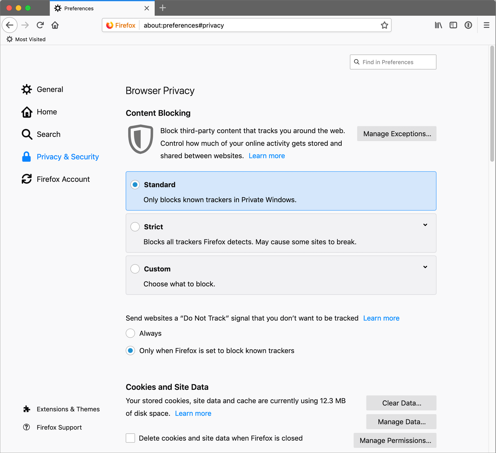 Figure 11: Firefox offers a variety of privacy settings; most other browsers have a similar range of options.