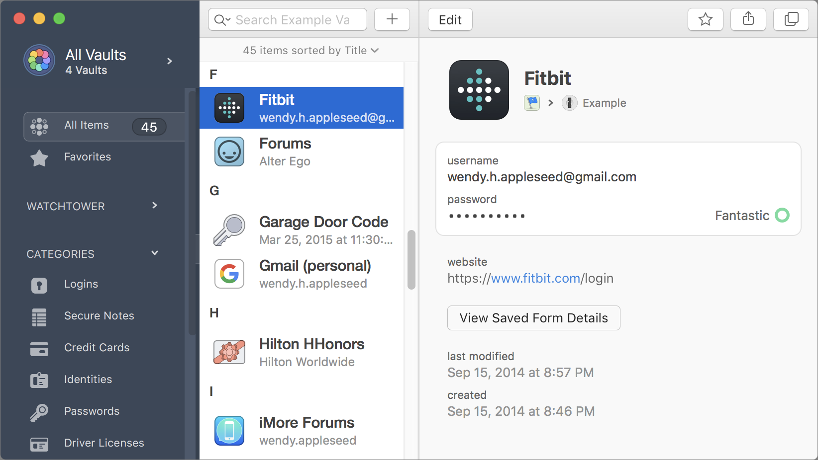 Figure 13: 1Password (Mac version shown here) securely stores passwords, credit card numbers, and other personal data, and syncs them among your devices.