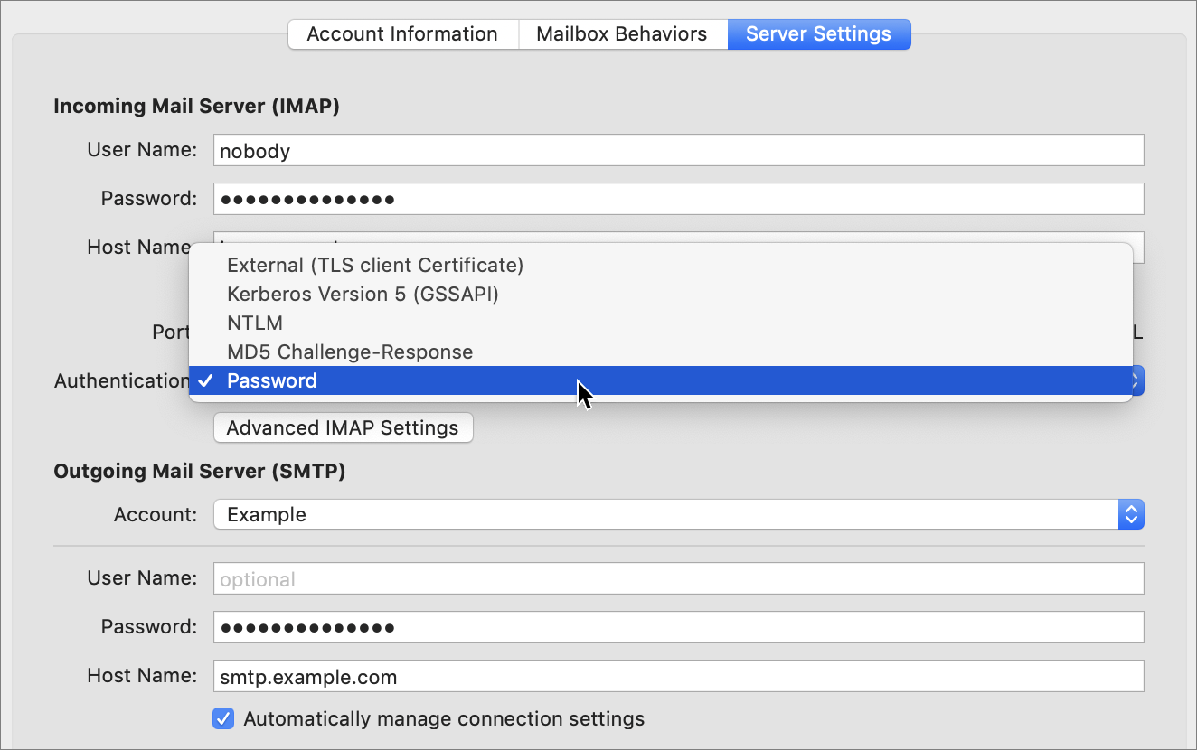 Figure 16: Apple Mail lets you choose, for each account, which authentication method to use for incoming mail (shown here) or outgoing mail. Remember, “Password” is fine if (and only if) the account uses SSL.