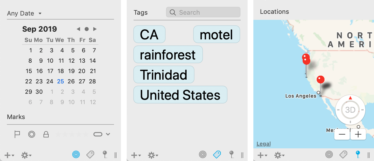Figure 61: Filters, from left to right: info, tags, and location.