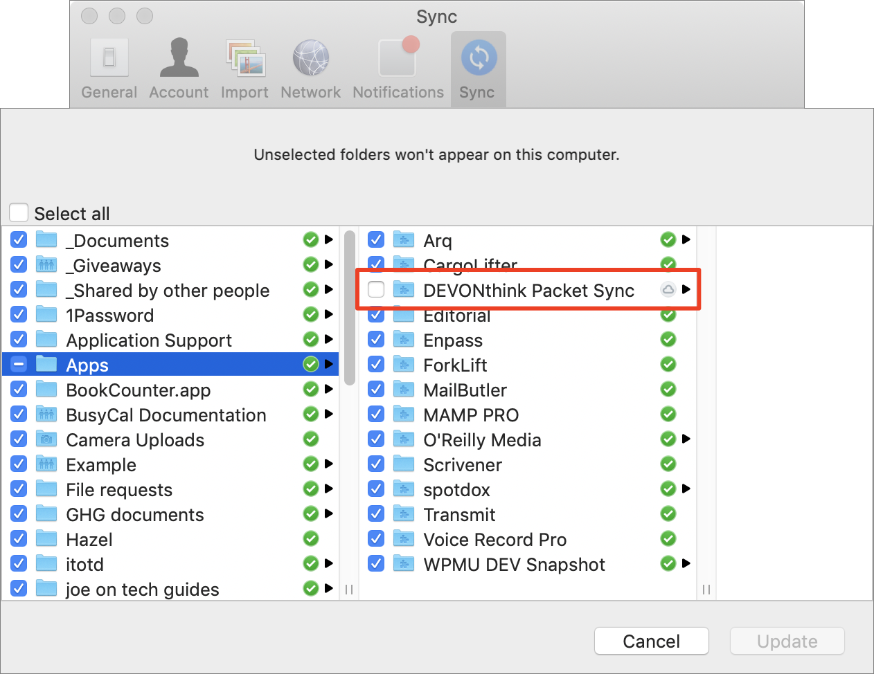 Figure 86: Deselect the DEVONthink Packet Sync checkbox to avoid making a duplicate copy of your sync data on your Mac.