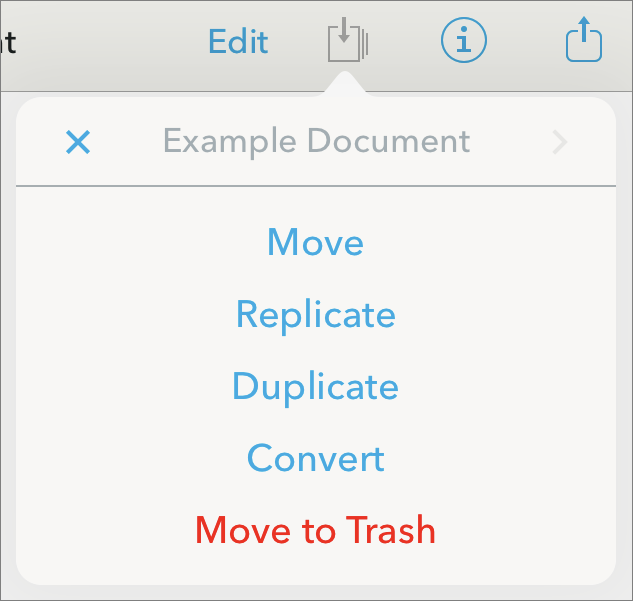 Figure 88: This popover displays whichever organizational commands are relevant to the selected item(s).