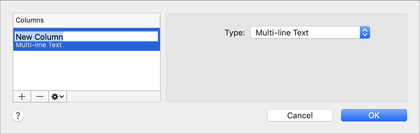Figure 32: Add columns to a new sheet in this dialog.