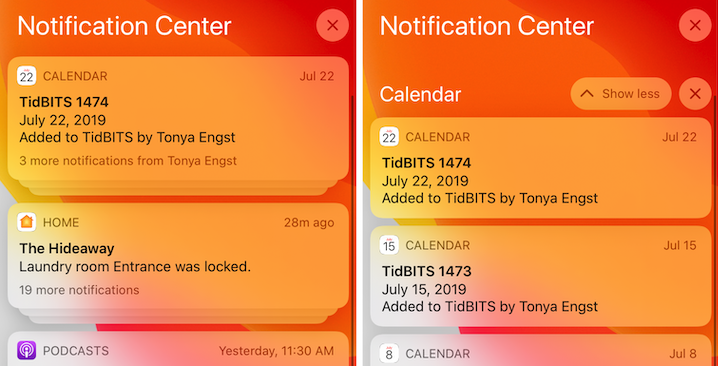 Figure 8: Tap a notification group to expand it and Show Less to collapse it.
