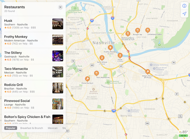 Figure 65: Don’t know what to search for? Maps offers suggestions like Restaurants and Gas Stations. Search results show up in a list and as pins on the map.