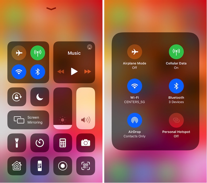 Figure 12: Control Center gives you quick access to network settings, brightness, audio controls, and more, including the iPhone’s flashlight. To see more options, press a control.