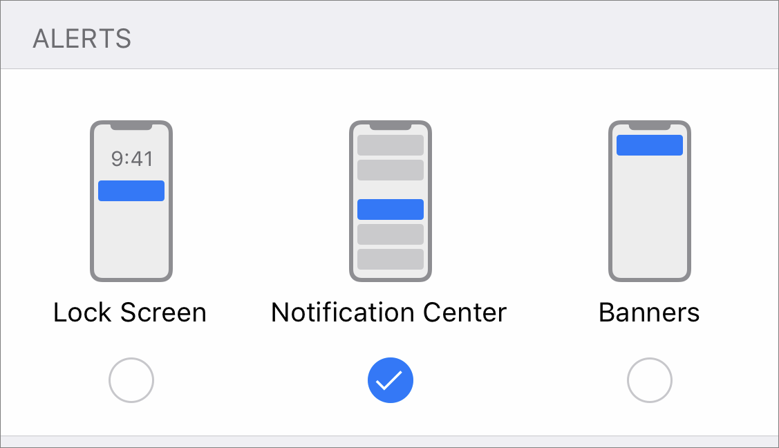 Figure 21: In Settings > Notifications > App Name, you can choose where notifications for that app appear. If you want to keep tabs on an app without being hassled, you can choose to make that app’s notifications less intrusive by only showing them in Notification Center.