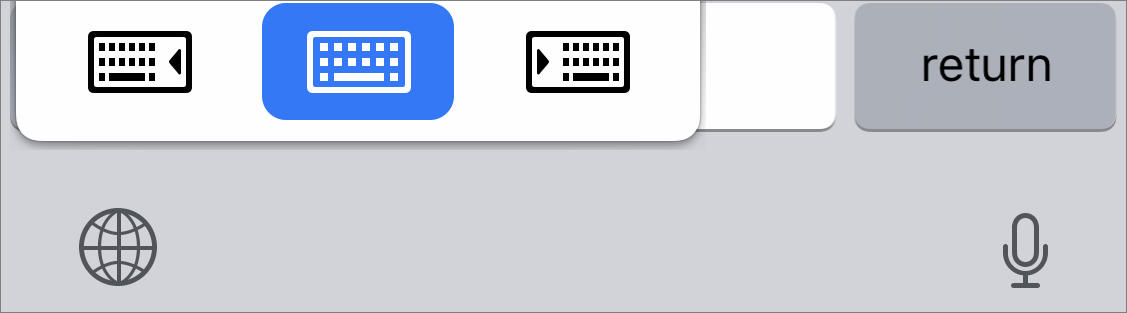 Figure 27: These keys in the language selection popover let you push the keyboard to the left, middle, or right side of the screen.
