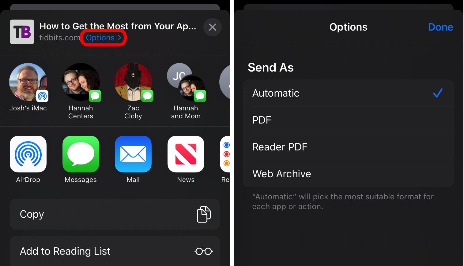 Figure 7: Left: the new activity view lets you share things with a single tap. Apps like Photos may offer additional options (red circle). Right: Photos offers new share options like removing location metadata.