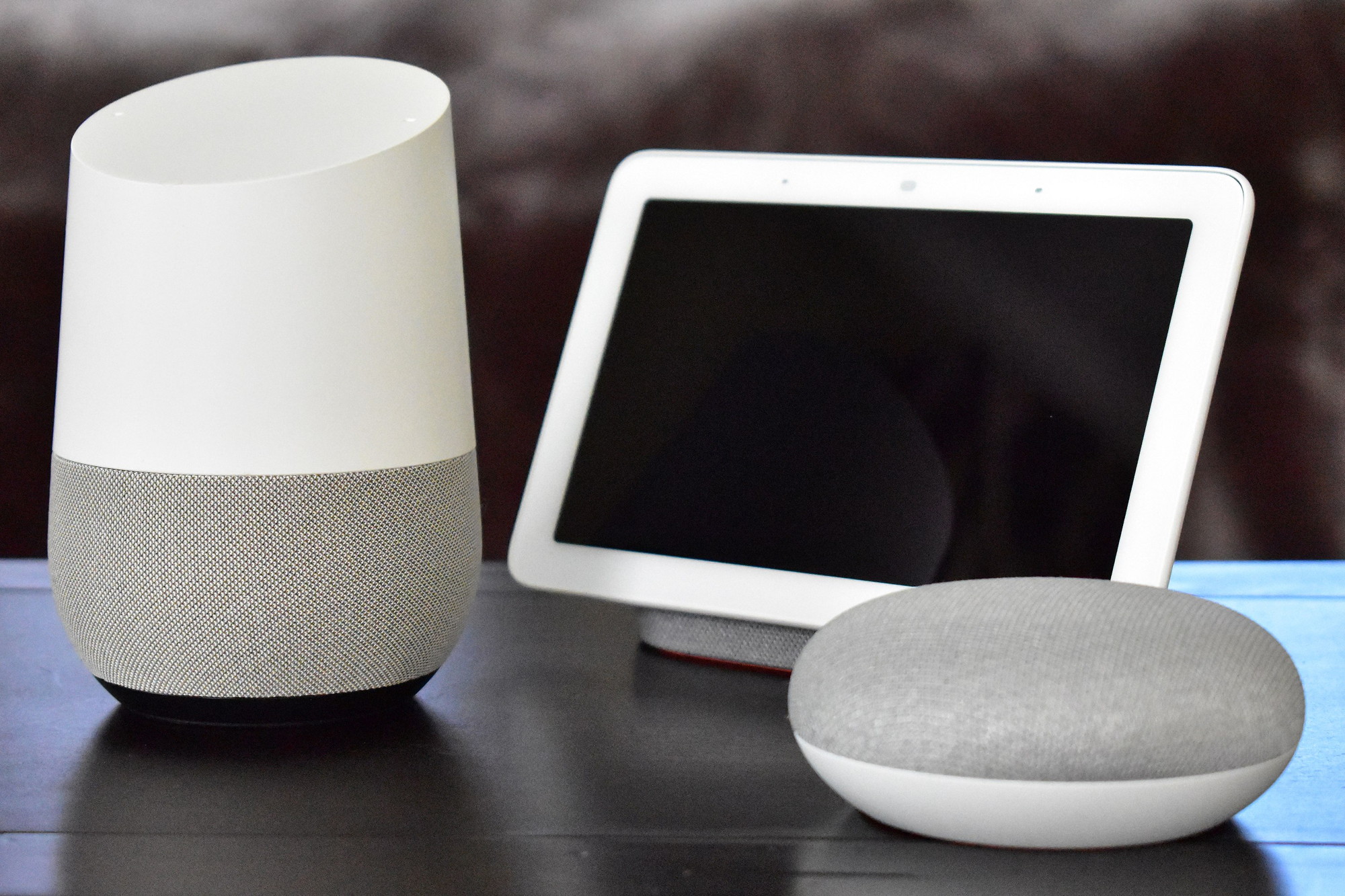 Figure 31: Google Home, the device, comes in several versions, including (left to right) Home, Home Hub, and Home Mini.