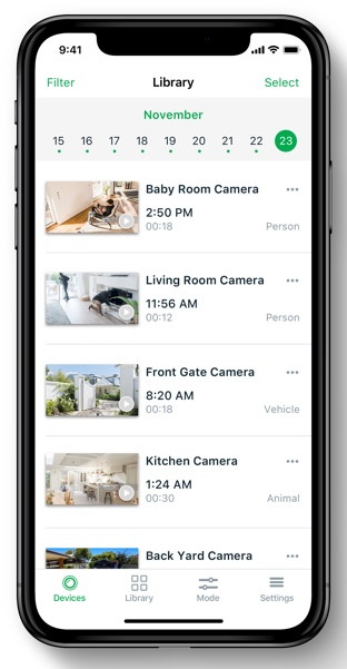 Figure 7: The app for NETGEAR Arlo organizes motion-triggered clips by time and identifies them by location. (Source: NETGEAR)