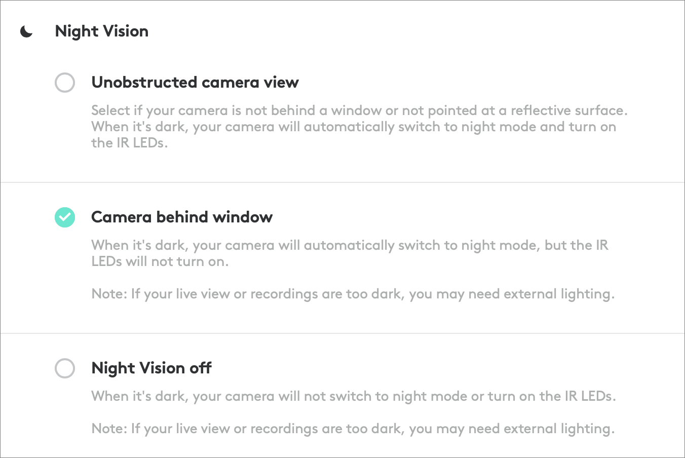 Figure 10: Logitech Circle offers three Night Vision modes, one of which is designed for a camera stuck to a window.
