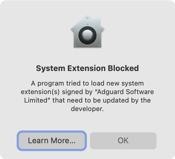 Figure 9: This alert appears when you try to install or load an unsupported third-party kernel extension in Big Sur.