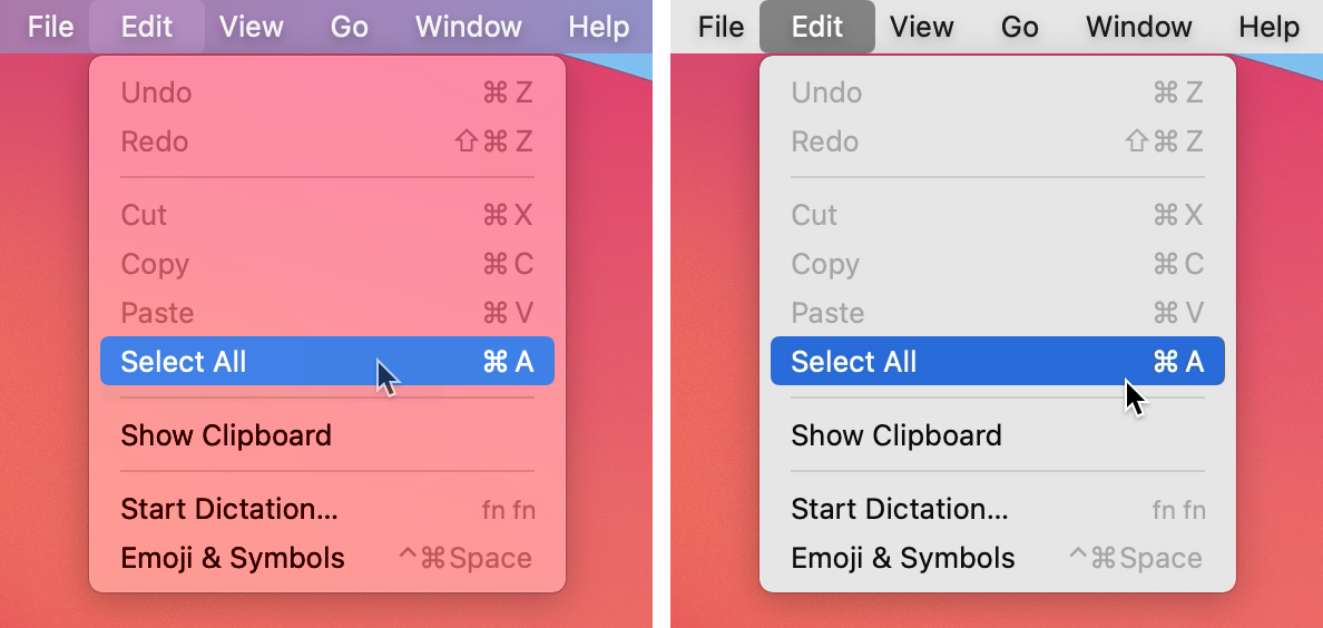 Figure 10: Left: a menu with default transparency; right: the same menu with reduced transparency.