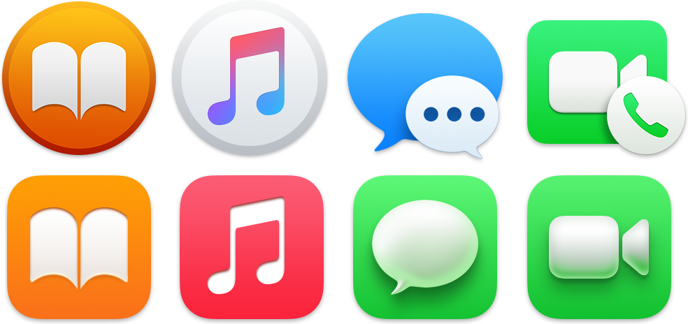 Figure 11: Examples of app icons from Catalina (top) and Big Sur (bottom). From left to right: Books, Music, Messages, and FaceTime.