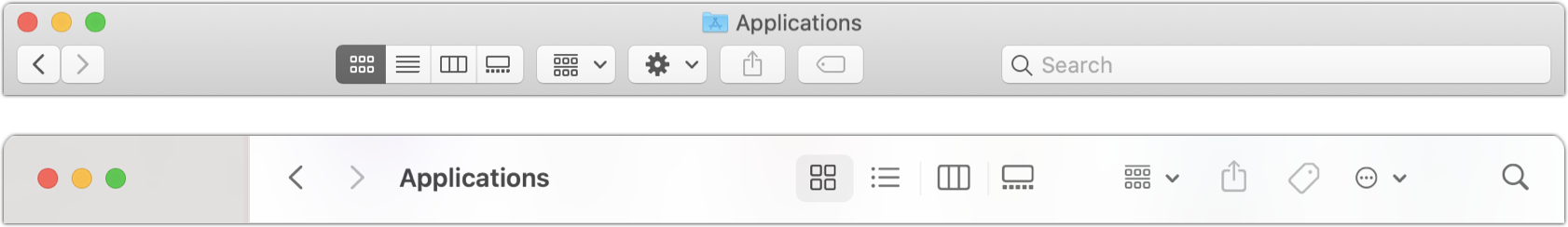 Figure 13: The toolbar of a Finder window in Catalina (top) and Big Sur (bottom).