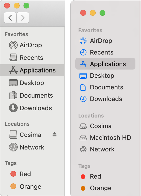 Figure 14: The sidebar of a Finder window as it appears in Catalina (left) and Big Sur (right).