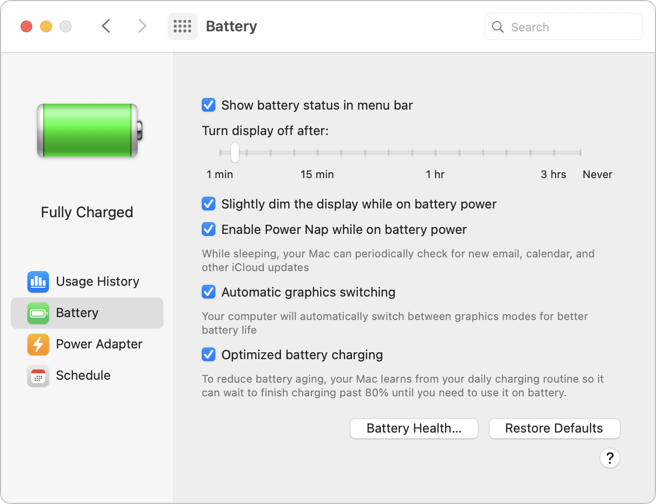 Figure 19: Set power options for when your laptop is running on battery here.