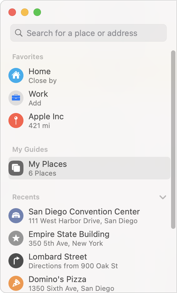 Figure 24: The new Maps sidebar shows favorites, guides, and recent locations.