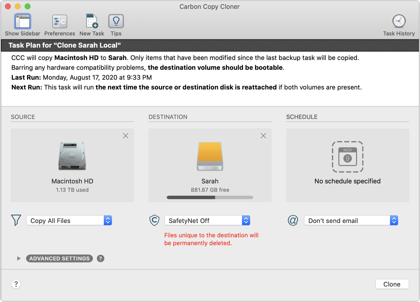 Figure 3: Carbon Copy Cloner shows you the source, destination, options, and an explanation of what’s going to happen.