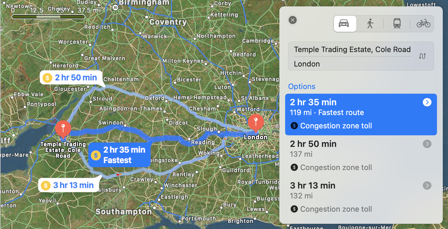 Figure 30: All three major routes from Bristol to London require traveling through congestion zones.