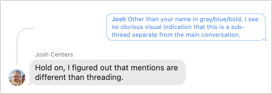 Figure 31: A message thread within a conversation connects the original message and any replies with a gray line.