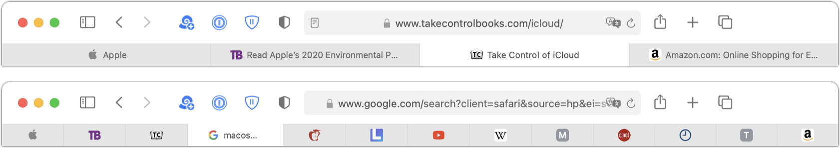 Figure 41: If you have a few tabs (top), Safari makes them wider, with more text. As you add more (bottom), they can shrink to the point that only the favicons appear.