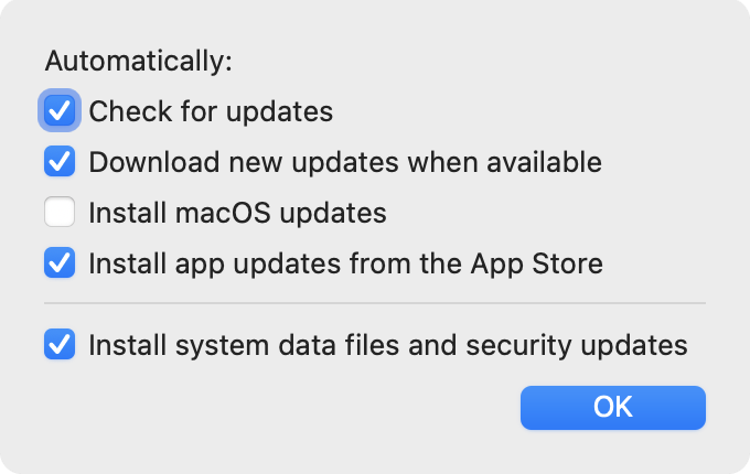 Figure 7: Select which types of automatic updates you want in this dialog.