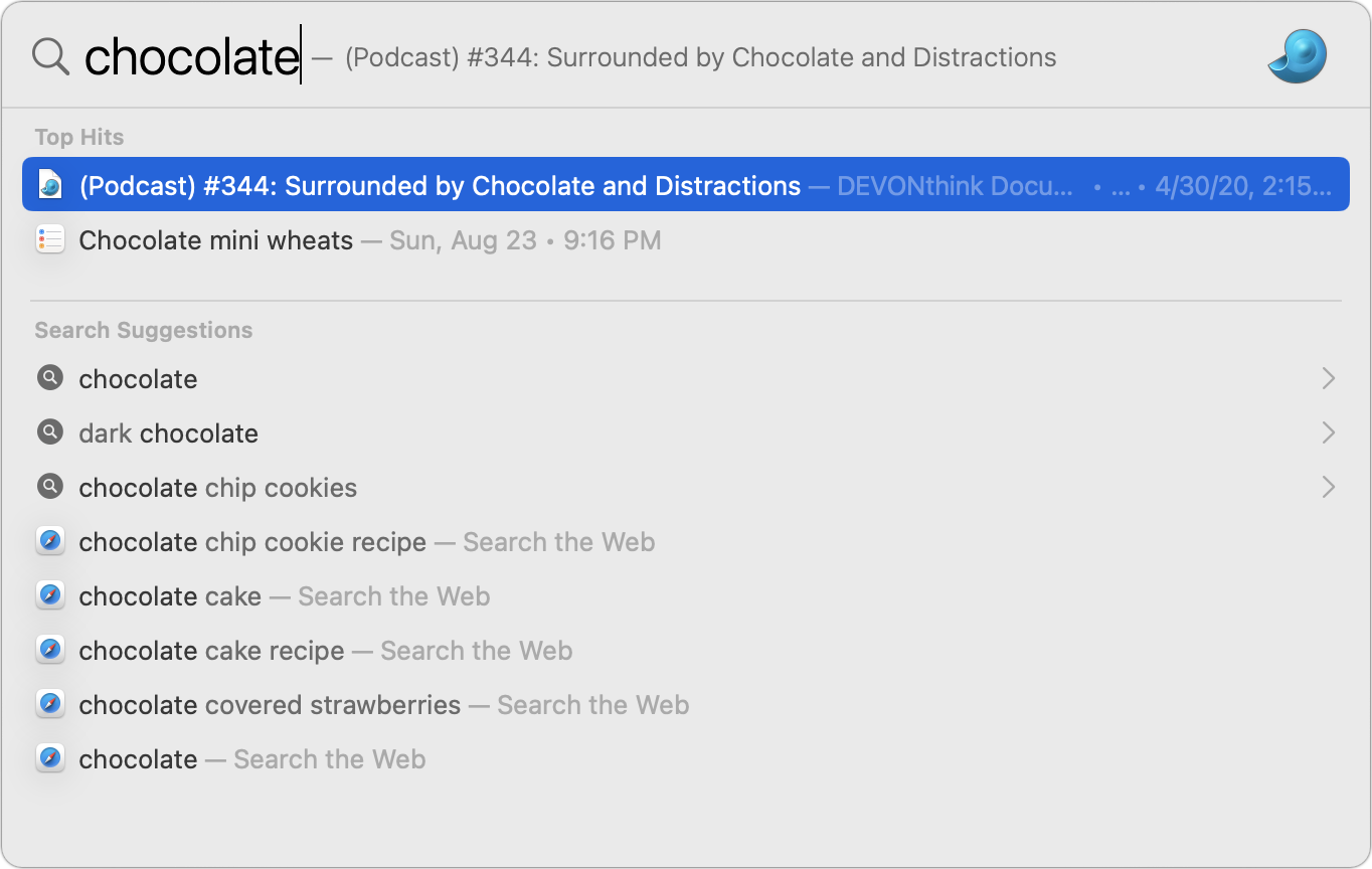 Figure 46: This is the first level of Spotlight results for chocolate.