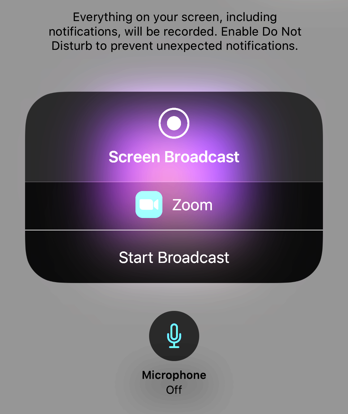 Figure 9: iOS provides a strong warning before you start “broadcasting” your screen via Zoom (or any app).