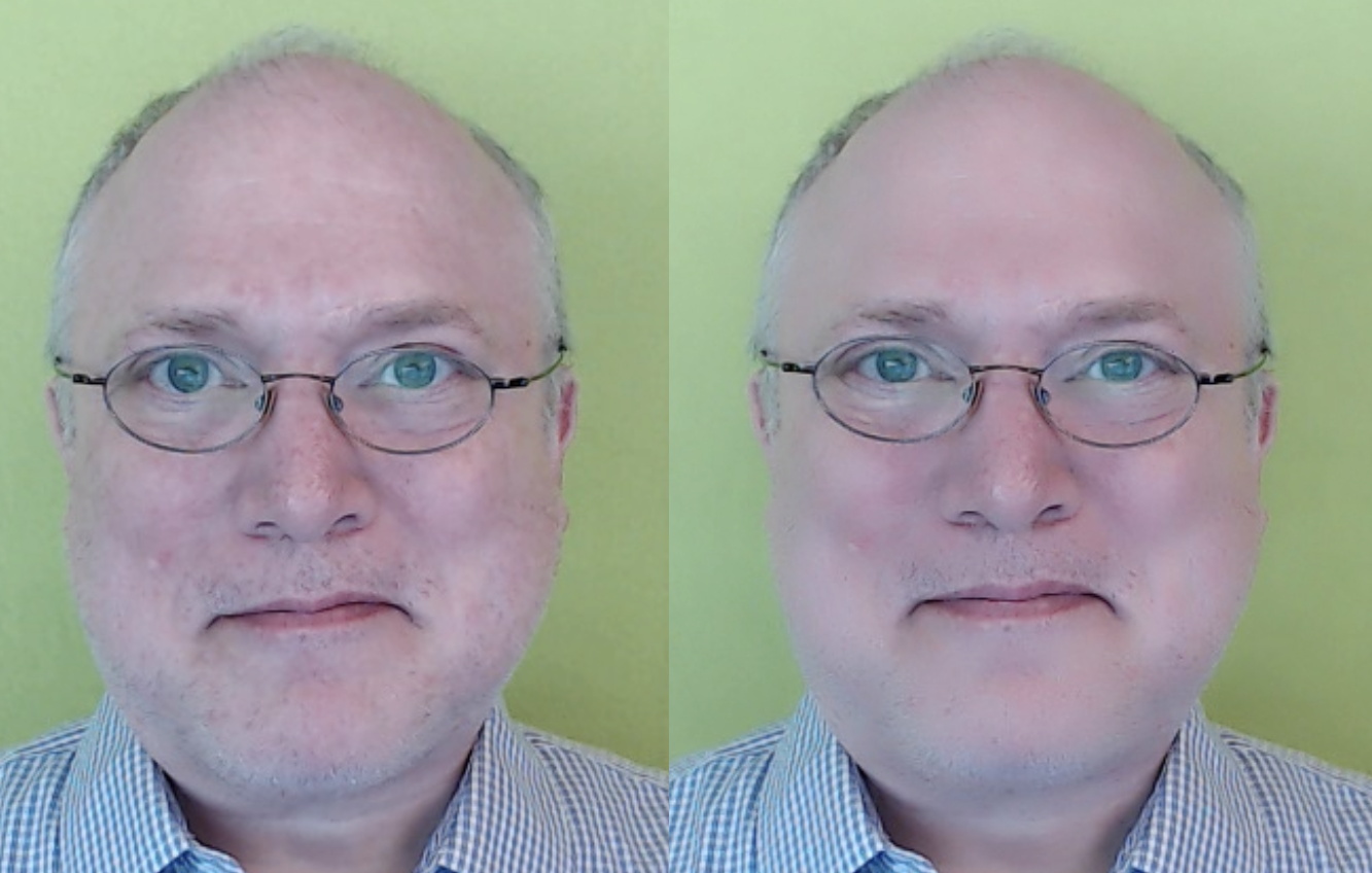 Figure 3: My smiling, slightly grizzled face (left) becomes sleeker, as my pores and uneven skin tone have been removed.