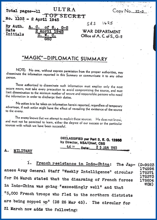 "Magic" Diplomatic Summary, No. 1103, 2 April 1945. Source: NARA, RG 457, Entry 9006