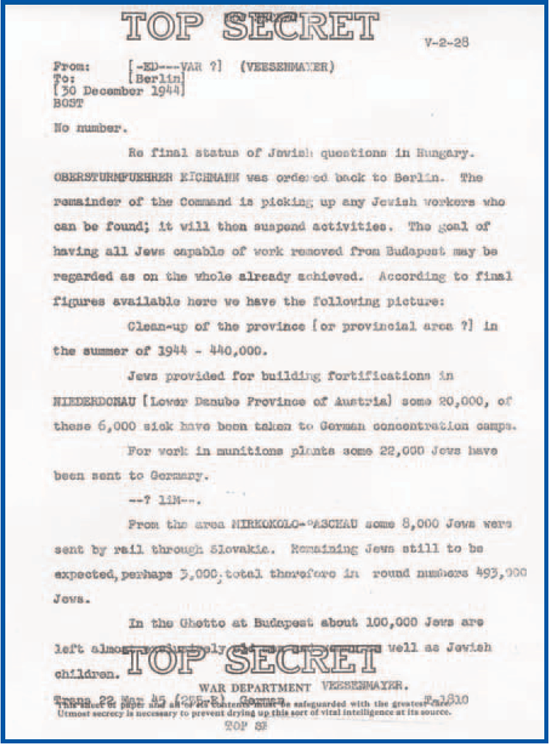 Boston-series translation of a message from Budapest reporting the results of the Adolf Eichmann's special action group in removing Jews from Hungary (1 page)