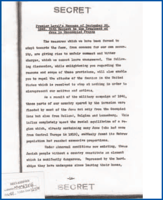 Vichy premier Pierre Laval's statement of September 30, 1942, "With Respect to the Treatment of the Jews in Unoccupied France" (1 of 3 pages)